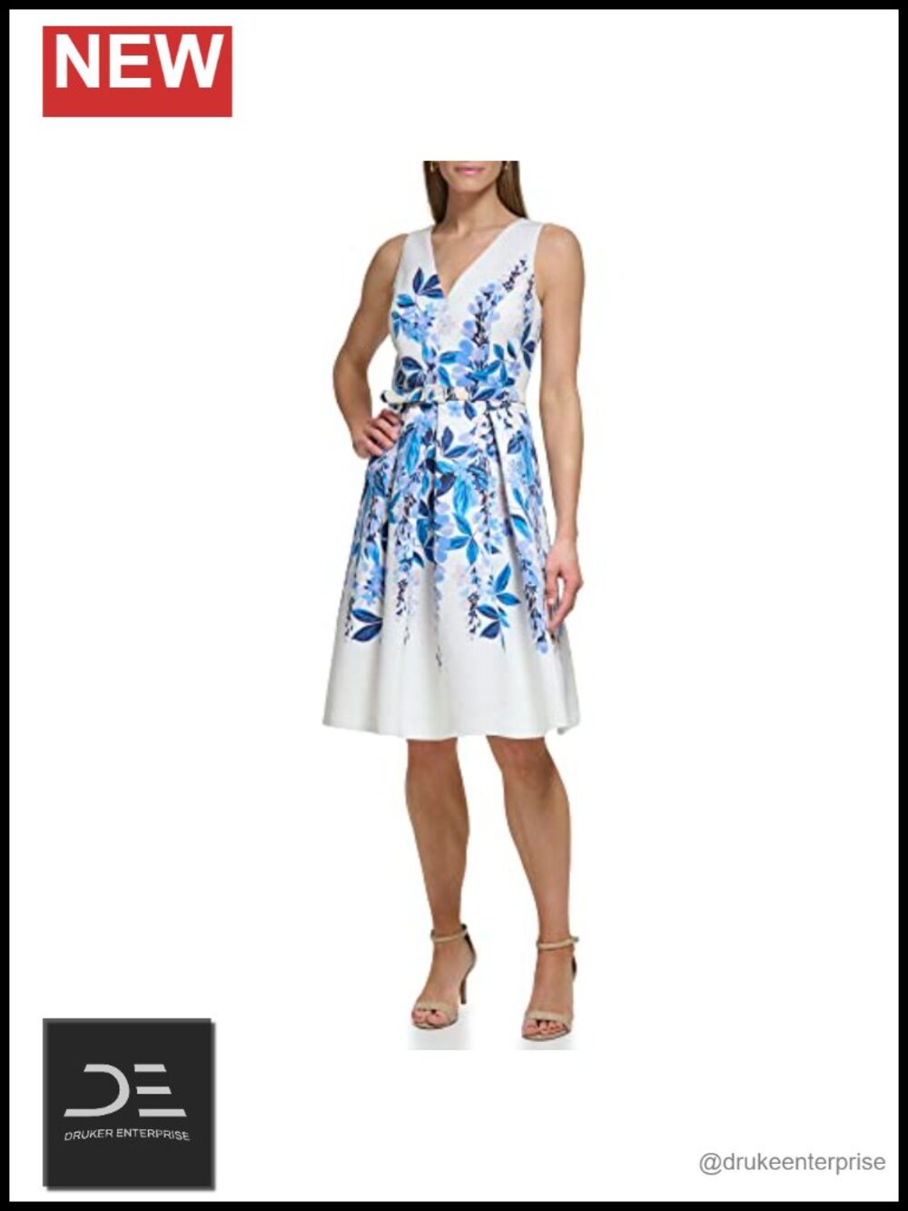 Fit and Flare Woven Faille Sleeveless Vneck Floral Dress